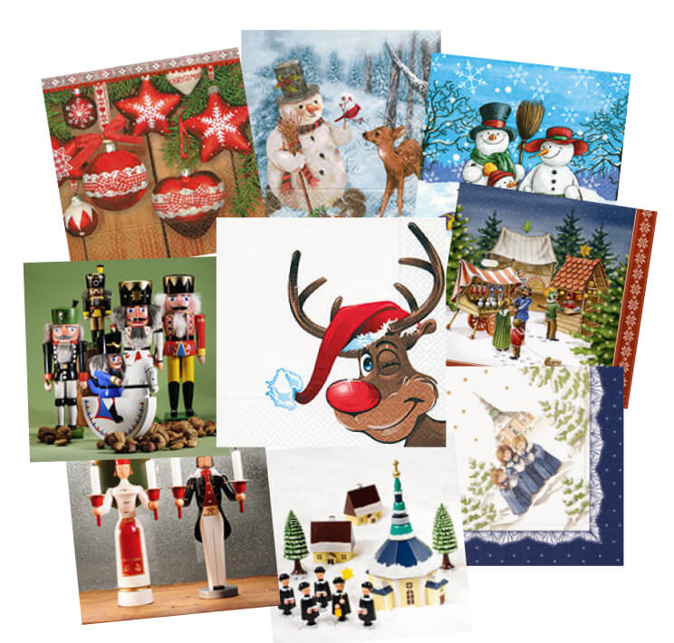 Advents- und weihnachtliche Servietten - Rentier Rudolph, Family Snowman, Lunchservietten